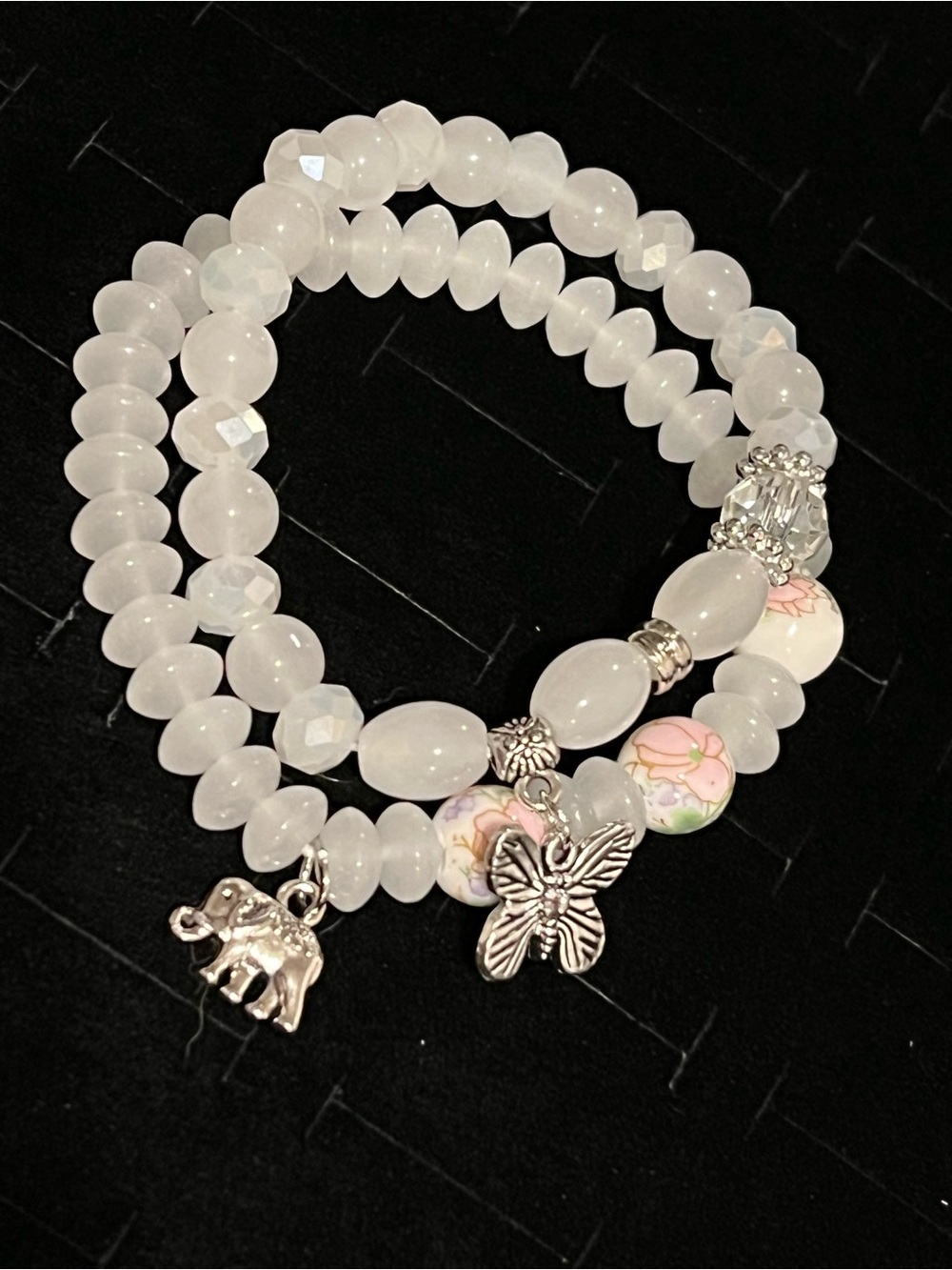White Beaded Stack Bracelet with Charms set